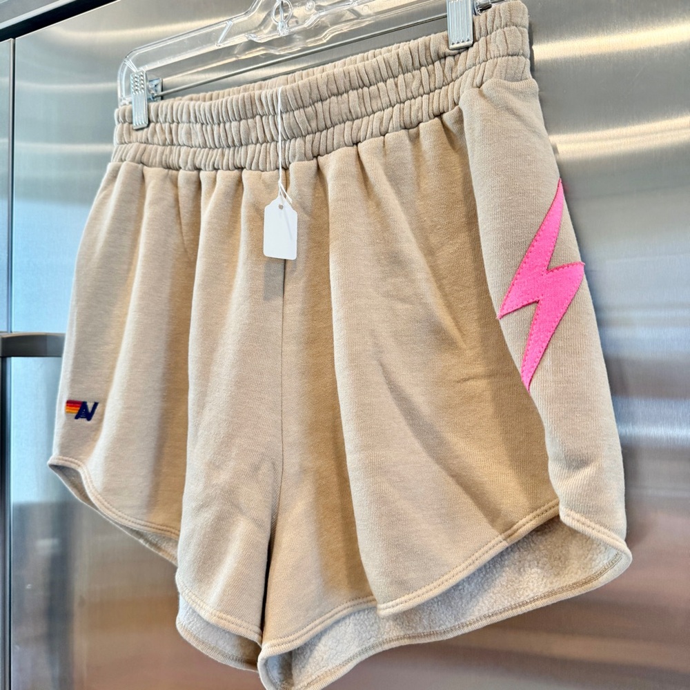 NWT Aviator Nation Bolt Stitch Lounger Short in Beige Tan Sand / Neon Pink - Picture 2 of 10